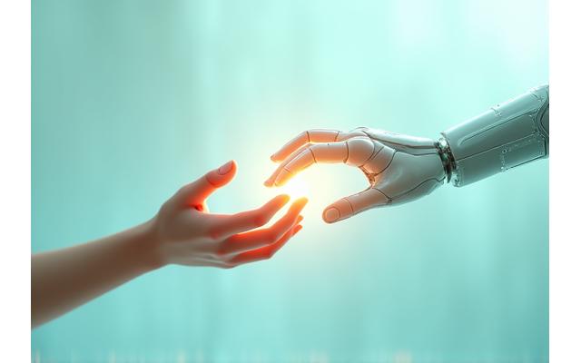 Une main humaine et une main robotique entrelacées symbolisant la fusion de l'empathie humaine et de l'innovation technologique pour la santé mentale.