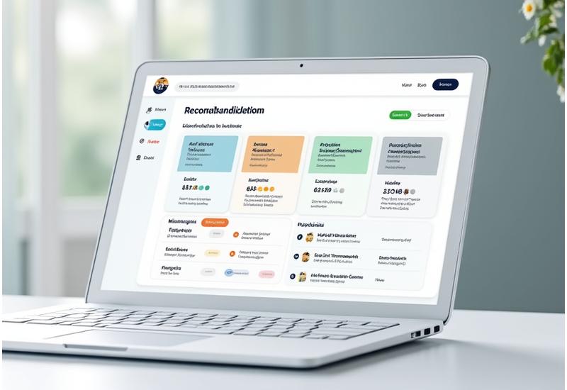 Tableau de bord de recommandations personnalisées avec des catégories telles que 'Activités physiques', 'Mindfulness', 'Lectures' et un système de notation pour ajuster les préférences.