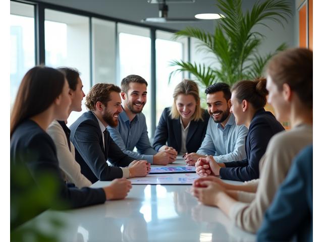 Illustration d'une équipe professionnelle souriante et collaborative dans un environnement de travail sain et moderne, symbolisant le bien-être en entreprise.