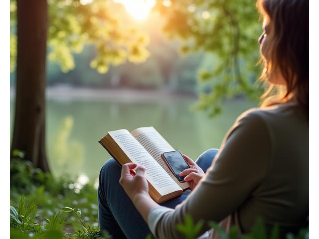 Une personne profitant d'activités hors ligne dans la nature, tenant un livre, avec un smartphone discrètement mis de côté, symbolisant la déconnexion et le bien-être.