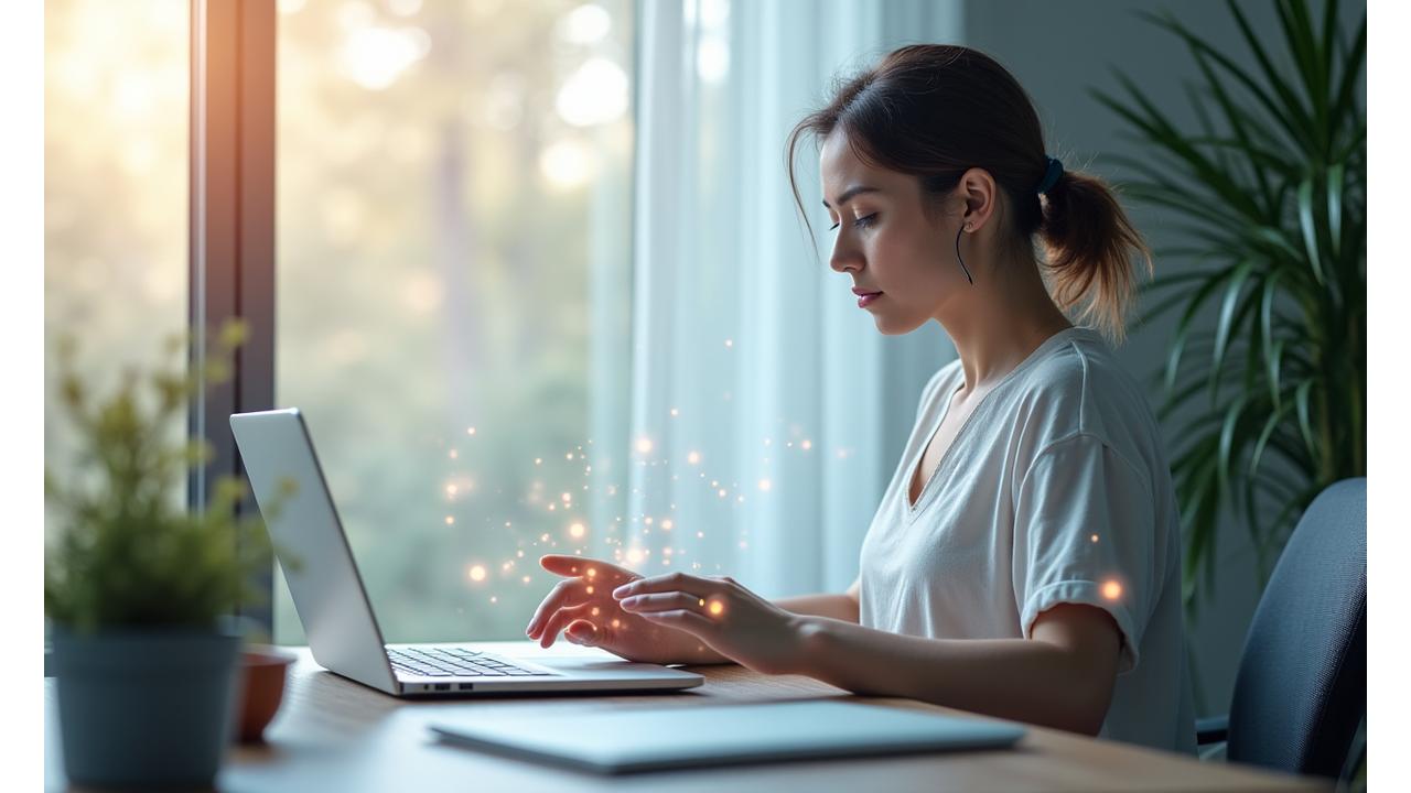 Personne travaillant à distance, l'air serein, avec des éléments technologiques doux en arrière-plan et des symboles de bien-être digital