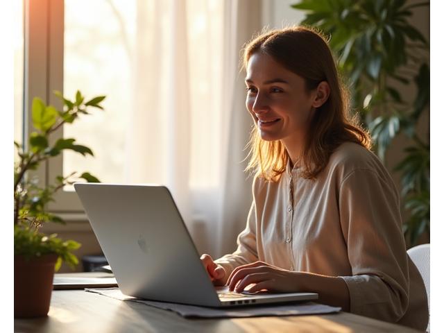 Personne souriante travaillant depuis un bureau domestique bien organisé, entourée de plantes, reflétant un équilibre vie pro/perso sain en télétravail.