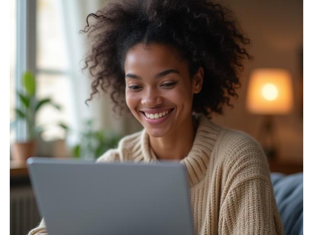 Illustration d'une personne souriante connectée digitalement pour une consultation de bien-être