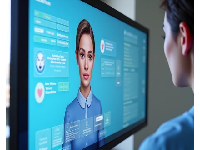 Écran d'ordinateur affichant une interface d'application de simulation d'entretien, avec un avatar de patient virtuel expressif et des jauges de feedback en temps réel concernant l'empathie et la technique.