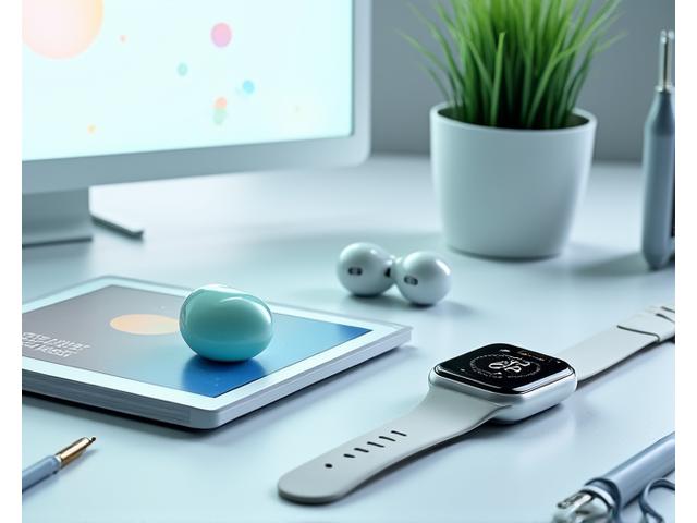 Assortiment de gadgets connectés et d'interfaces numériques symbolisant les outils innovants de régulation émotionnelle: montre connectée, casque VR, écran d'analyse.