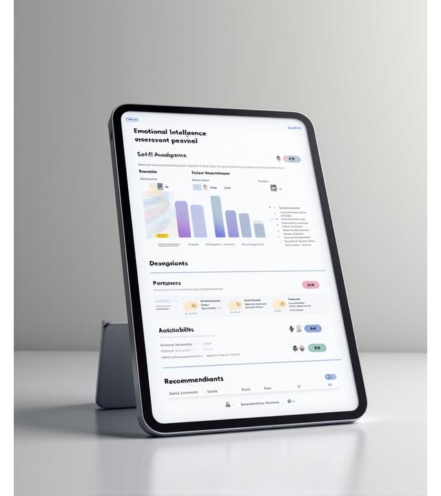 Interface d'application affichant un rapport d'évaluation d'intelligence émotionnelle avec des graphiques de progrès et des recommandations personnalisées.