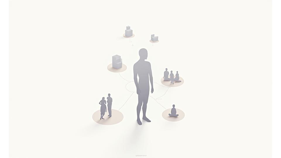 Illustration de divers scénarios de vie (bureau, famille, groupe social) connectés par des lignes, symbolisant la personnalisation de la formation émotionnelle.