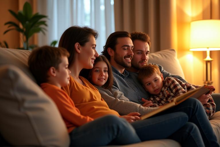 Famille (parent premier répondant, conjoint et enfants) se soutenant mutuellement et souriant dans un environnement chaleureux et rassurant, symbolisant l'harmonie retrouvée et le soutien familial proposé par axumsat.