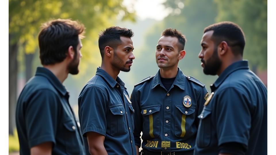 Professionnels des services d'urgence – pompiers, ambulanciers, policiers – se soutenant mutuellement après une intervention difficile, dans un environnement calme et apaisant symbolisant la résilience et le soutien d'axumsat.