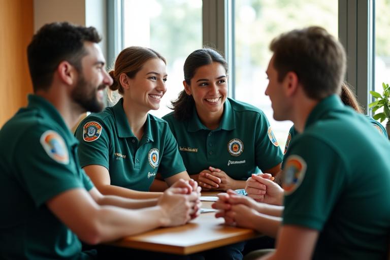 Groupe de premiers répondants de différents corps de métier, discutant et souriant dans un cercle, symbolisant l'entraide et la camaraderie au sein d'un réseau de soutien psychologique.