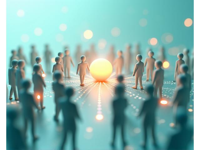 Diverses personnes de tous âges et ethnies connectées numériquement, symbolisant une communauté en ligne de pleine conscience, avec des icônes de chat et de partage.