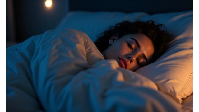 Chambre à coucher sereine avec un utilisateur endormi, symbolisant des sessions de méditation pour le sommeil.