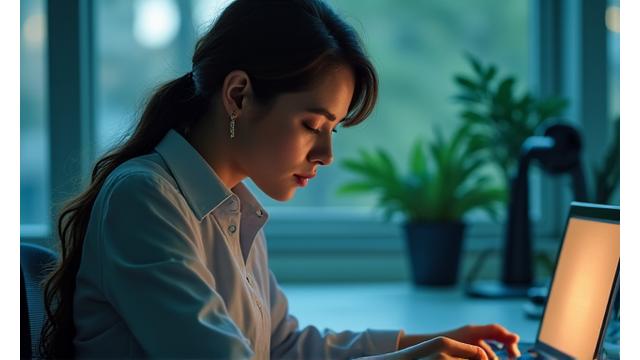 Employé au bureau utilisant une application de méditation sur son ordinateur portable pour une session de stress professionnel.