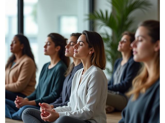 Groupe d'employés participant à une courte session de méditation guidée dans un environnement de bureau moderne, promouvant le bien-être au travail.
