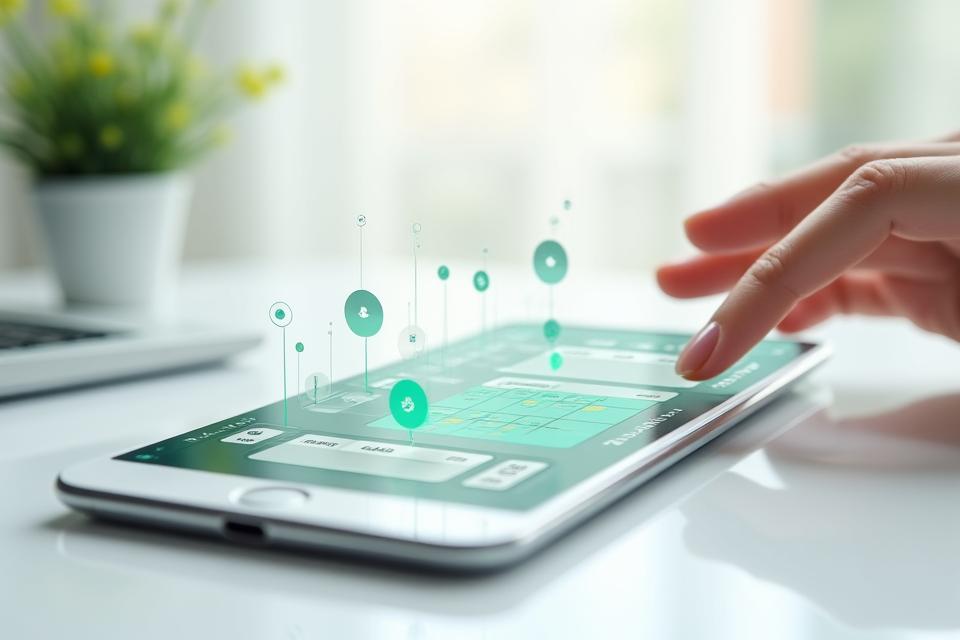 Un calendrier interactif sur une tablette affichant les disponibilités des psychologues virtuels d'axumsat, avec des créneaux horaires clairement indiqués.