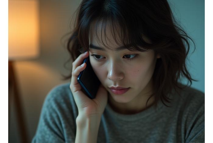 Une personne souriante tenant un téléphone à l'oreille, dans un environnement calme et discret, symbolisant une consultation téléphonique privée.