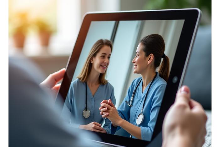 Capture d'écran d'une session de visioconférence axumsat, montrant un psychologue et un patient engagés dans un dialogue apaisant.