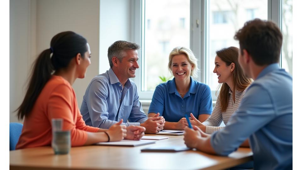 Des parents et un enseignant discutent autour d'une table avec des documents, dans une ambiance de collaboration sereine, représentant le partenariat éducatif et le soutien familial.