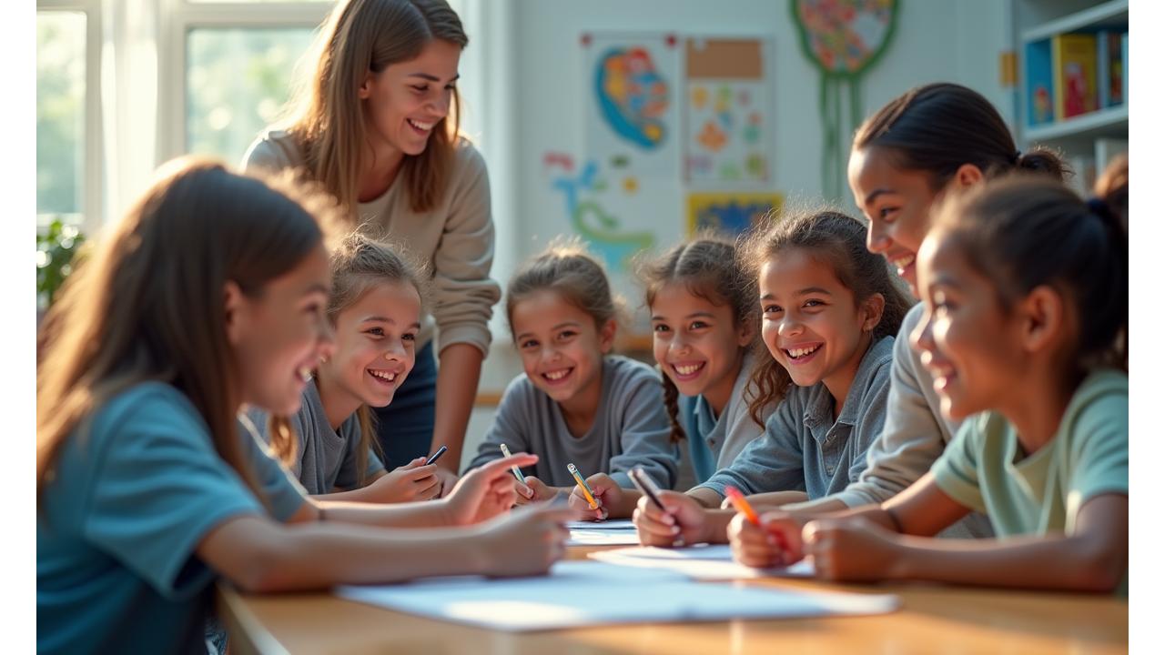 Groupe d'enfants souriants de différents âges, avec des enseignants bienveillants en arrière-plan, dans un environnement scolaire lumineux et moderne. L'image dégage une atmosphère de joie et d'inclusion, symbolisant le bien-être scolaire.