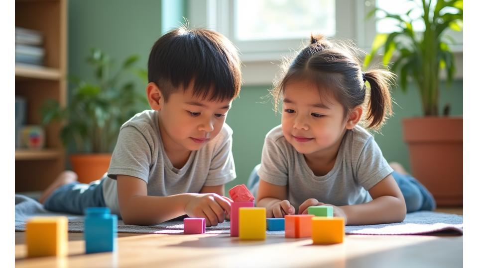 Deux enfants, l'un avec un trouble neuro-développemental et l'autre l'aidant doucement, construisant ensemble avec des blocs colorés, symbolisant l'inclusion et la coopération dans un cadre éducatif.
