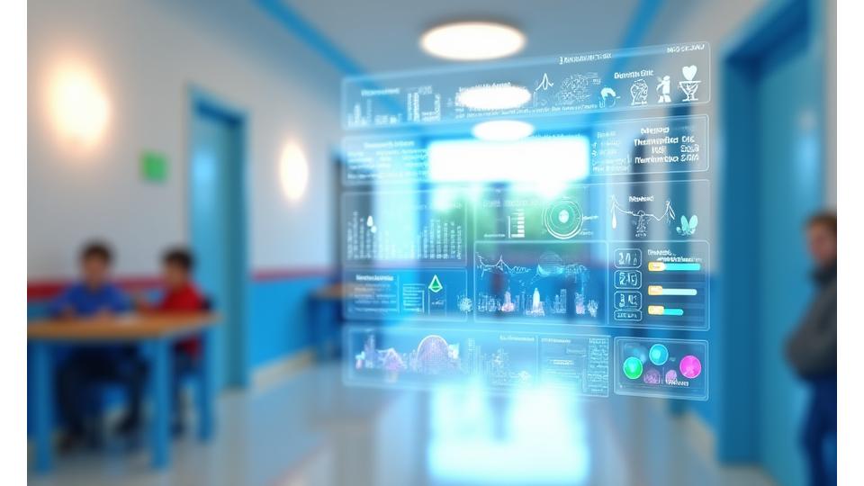 Un tableau de bord numérique affichant des graphiques et des statistiques sur le bien-être des élèves et le climat scolaire, avec des icônes représentant l'amélioration et le suivi.