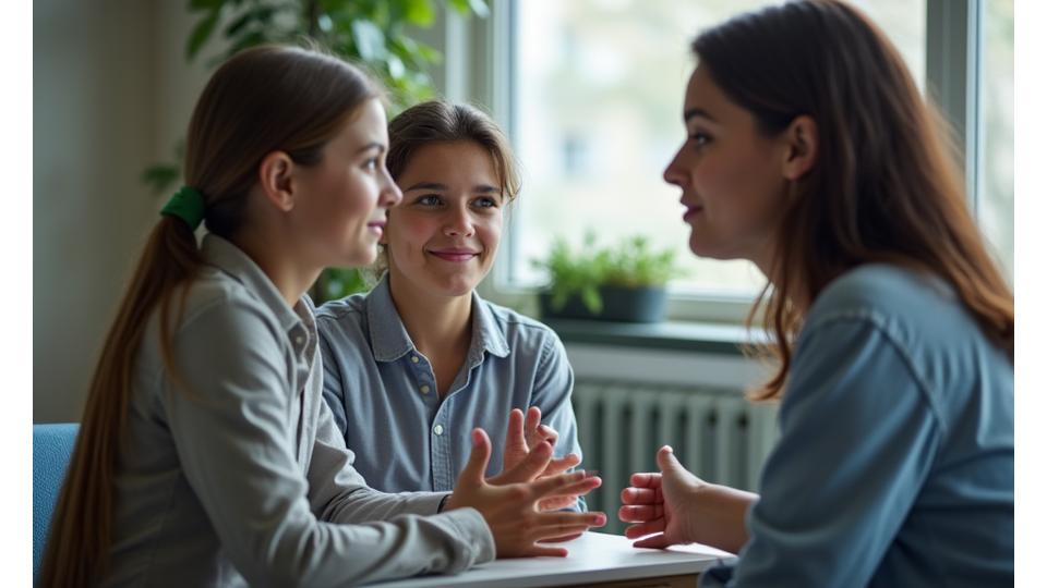 Un adolescent écoutant attentivement un psychologue lors d'une session de groupe, symbolisant le soutien et le dialogue dans les programmes scolaires d'axumsat.