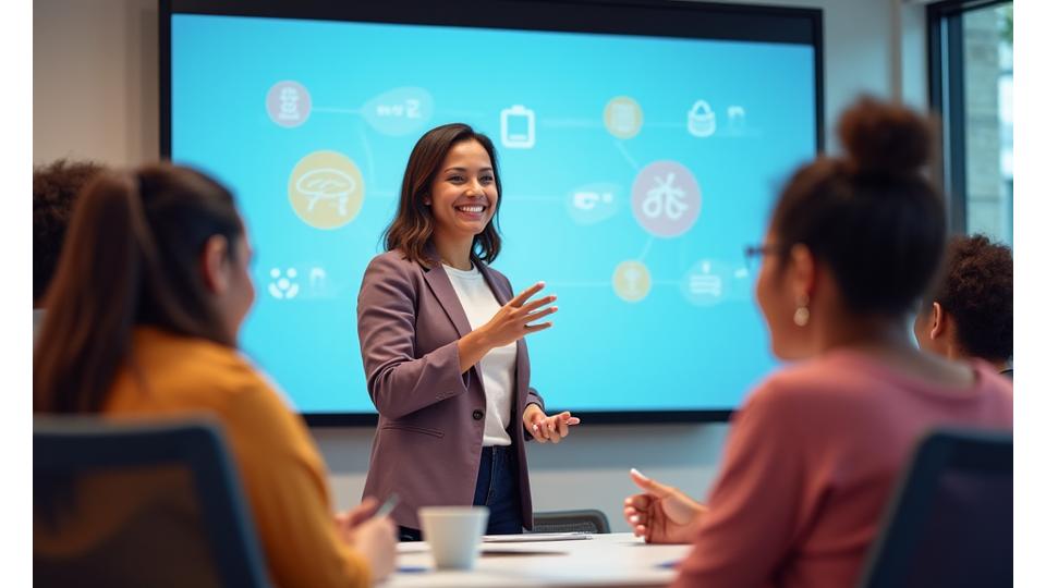 Une enseignante souriante anime un atelier interactif avec d'autres professionnels de l'éducation, symbolisant la formation continue et le partage de bonnes pratiques pour le soutien à la santé mentale scolaire.
