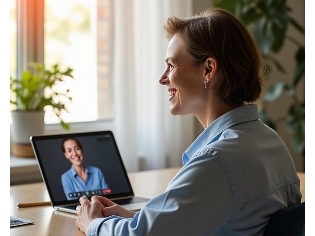 Image d'une psychologue souriante réalisant une consultation vidéo avec un patient via une interface sécurisée sur une tablette, symbolisant les consultations à distance d'axumsat.