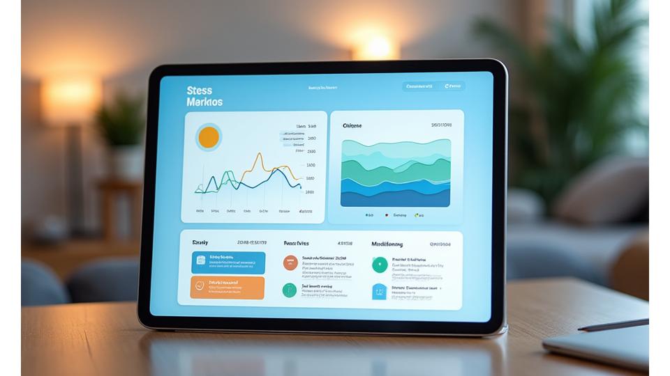 Tableau de bord d'une application de gestion du stress, avec des graphiques d'humeur, des exercices de respiration et des notifications de suivi personnalisé.