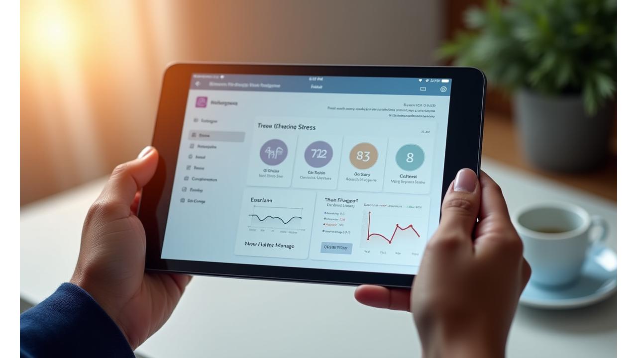 Interface d'une application axumsat montrant un tableau de bord de gestion du stress avec des graphiques apaisants