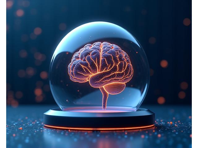 Symbole abstrait de propriété intellectuelle, représentant un cerveau stylisé entouré d'engrenages et de feuilles, sur un fond de code binaire.