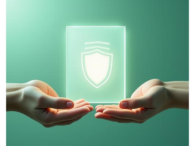 Des mains tenant un document stylisé avec un bouclier, représentant la protection légale et la limitation de responsabilité.